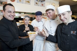 26/10/2012 Pics (C) Huw John Photography, Cardiff. MANDATORY BYLINE - HUW JOHNTrainee chefs at The Celtic Manor Resort with Kris Davies of ACT (all in black)......white tunic and white hat - Ben Jones, white tunic and blue hat - Sam Harris, black tunic and white hat - Mathew Anthony, black tunic and hair net - Chiannagh Lewis.3 Towy Road, Llanishen, Cardiff CF14 0NSVAT: 535 102680 - pictures@huwjohn.com