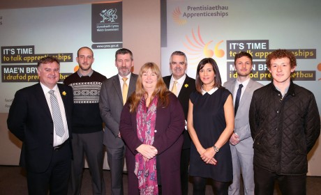 Deputy Minister for Skills and Technology Julie James (centre) with speakers (from left) Anthony Rees, Owain Phillips, Paul Napier, Robert Lloyd Griffiths, Carmela Carrubba, Gareth Evans and Dewi Foulkes.