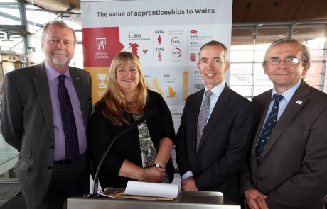 Launching the report are (from left) AM Jeff Cuthbert, Deputy Minister for Skills and Technology Julie James, Ross Flanigan from Deloitte and NTfW chairman Peter Rees.