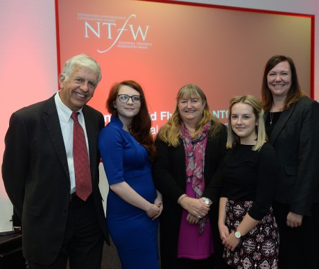 Minister for Skills and Science Julie James (centre) with speakers (from left) Dr John Graystone, Carmen Smith, NUS Wales deputy president, Megan Evans, National Society of Apprentices Wales and Sarah John, NTfW chair.