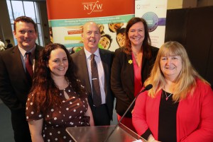 Conference speakers (from left) Mark McDonough from Grŵp Llandrillo Menai, Kelly Edward, the NTfW’s head of work-based learning quality, Mark Evans, Her Majesty’s Inspector from Estyn, Sarah John, the NTfW’s chairman and Julie James, Minister for Skills and Science.