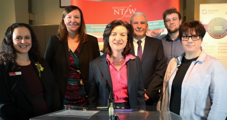 Left-Right: Kelly Edwards, Head of WBL Quality, NTfW; Sarah John, National Chair, NTfW; Eluned Morgan Minister for Welsh Language and Lifelong Learning; Peter Munday, Associate, Education and Training Foundation; Alex Rollason NUS Wales Deputy President, National Society of Apprentices and Dr Esther Barrett, Subject Specialist (Teaching, Learning & Assessment), Jisc.
