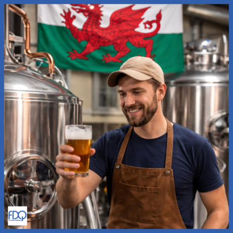 Brewer holding pint of beer with brewing equipment and Welsh flag in the background